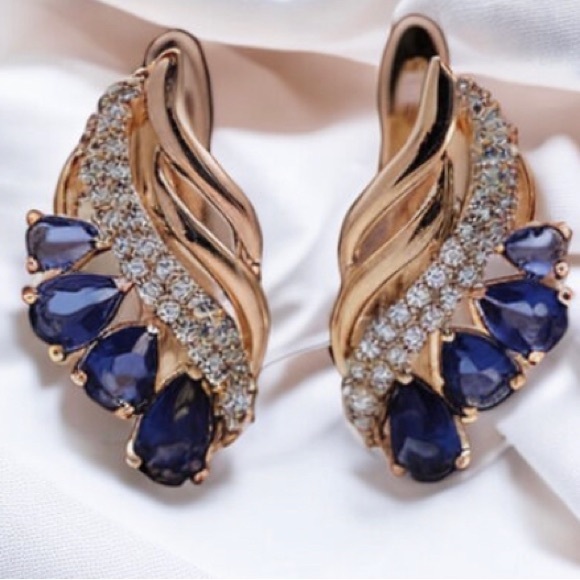 Vintage Water Drop White and Blue Cubic Zircon Rose Gold Plated Women Earrings - Picture 3 of 5